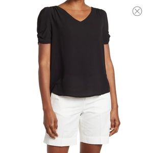 ADRIANNA PAPELL Solid V-Neck Ruched Sleeve Pebble Crepe Black Top XS